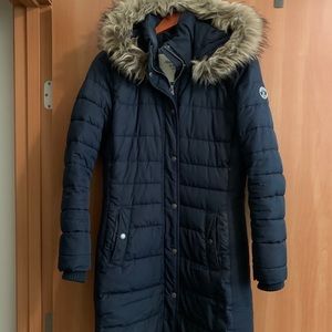 Abercrombie & Fitch Navy Puffer Coat with Fur Hood